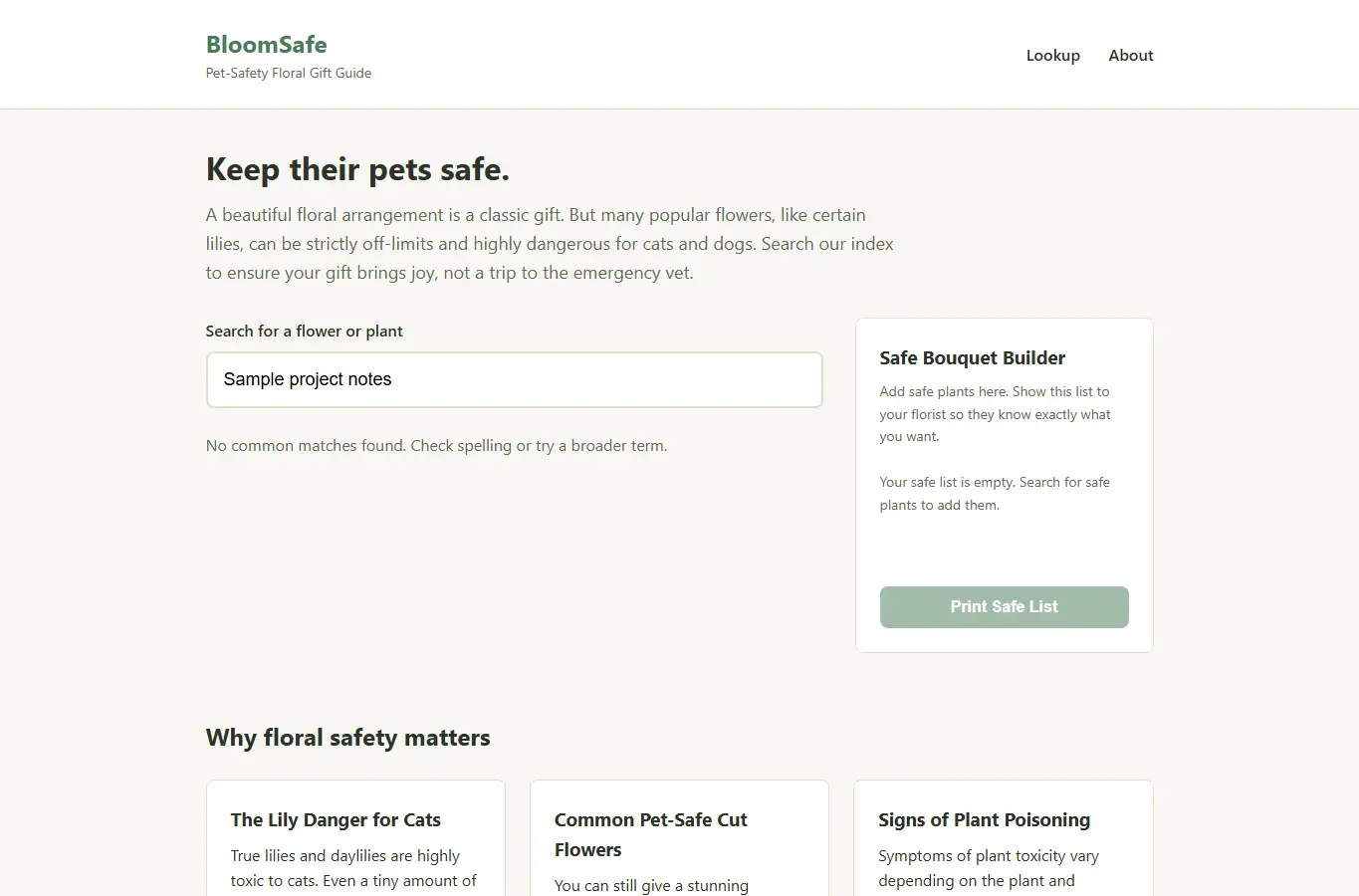 Screenshot of BloomSafe interface showing the project page in use